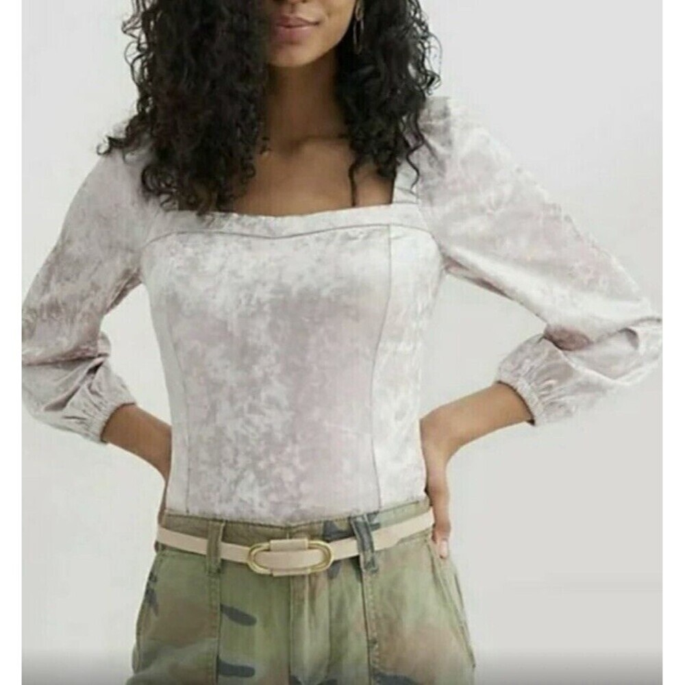 Anthropologie Light Gray Puff Sleeve Crop Top